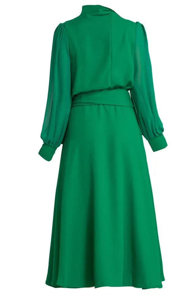 Green midi dress with long sleeves and belt - View 10 | TEVQA