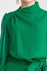 Green midi dress with long sleeves and belt - View 7 | TEVQA