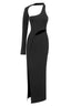 Front view of black one-shoulder ribbed knit maxi dress with cut-out and high slit