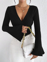 Noir Elegance Ribbed Knit V-Neck Top - TEVQA