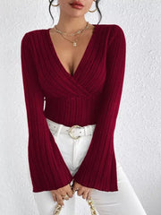 Noir Elegance Ribbed Knit V-Neck Top - TEVQA