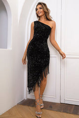 One Shoulder Fringe Trim Sequin Dress - Tevqa