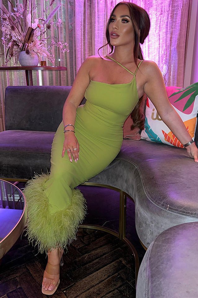 One Shoulder Halter Fur Swing Dress - Tevqa