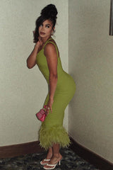 One Shoulder Halter Fur Swing Dress - Tevqa