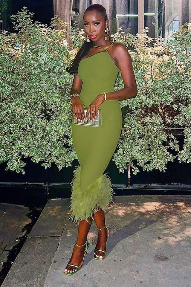 One Shoulder Halter Fur Swing Dress - Tevqa