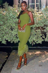 One Shoulder Halter Fur Swing Dress - Tevqa