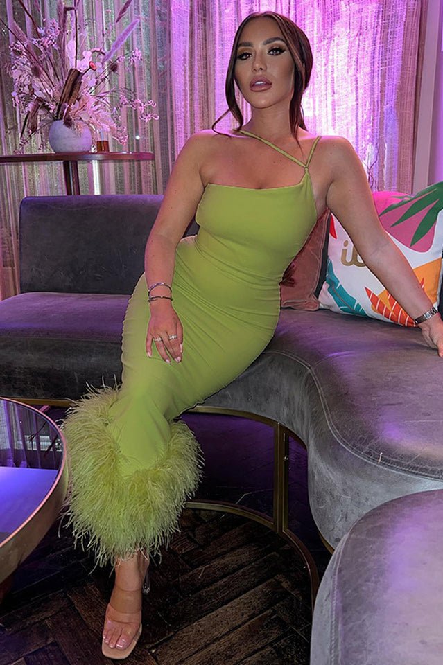 One Shoulder Halter Fur Swing Dress - Tevqa