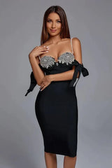 Yasmin Black Rhinestone Pearl Strap Midi Dress - Crystal Embellished Bow Tie Evening Gown - TEVQA