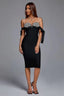 Yasmin Black Rhinestone Pearl Strap Midi Dress - Crystal Embellished Bow Tie Evening Gown - TEVQA