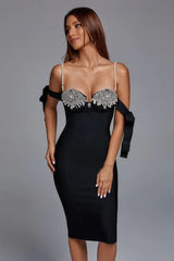 Yasmin Black Rhinestone Pearl Strap Midi Dress - Crystal Embellished Bow Tie Evening Gown - TEVQA