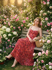 Woman in a red floral print maxi dress sitting on a bench in a rose garden