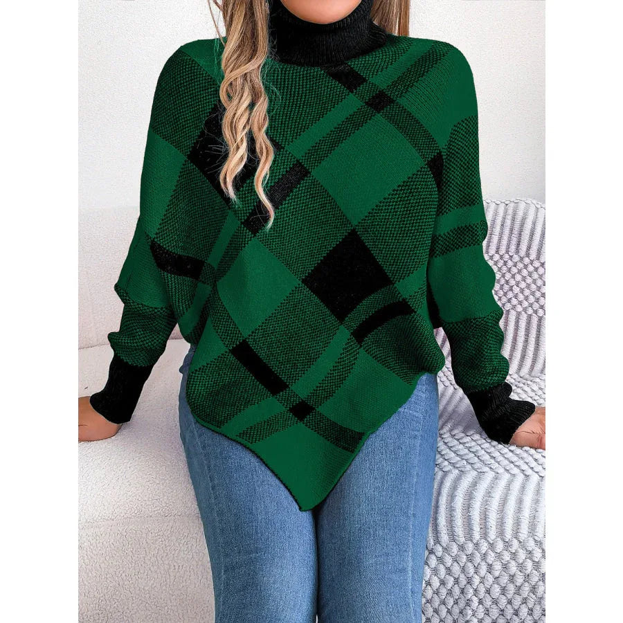 Turtleneck Plaid Poncho Sweater - View 9 | TEVQA