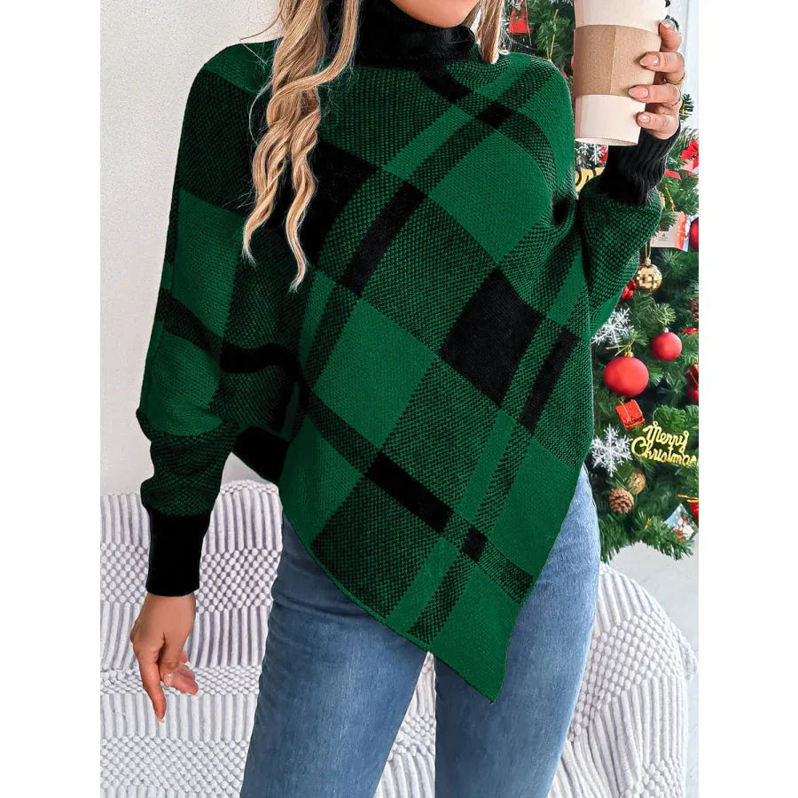 Turtleneck Plaid Poncho Sweater - View 7 | TEVQA