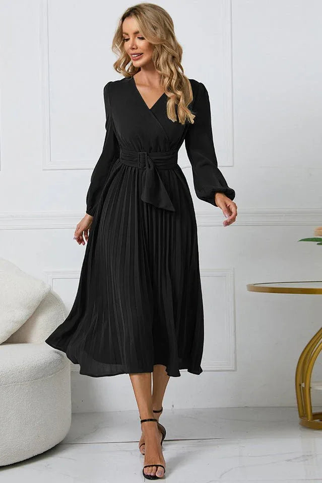 V-neck Pleated Midi Dress - View 19 | TEVQA