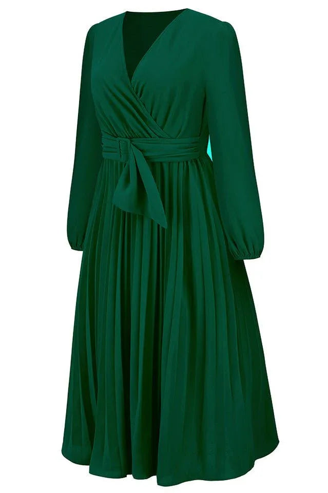 V-neck Pleated Midi Dress - View 11 | TEVQA