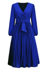 V-neck Pleated Midi Dress - View 16 | TEVQA