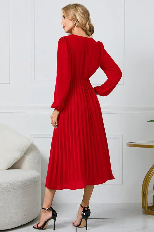 V-neck Pleated Midi Dress - View 27 | TEVQA
