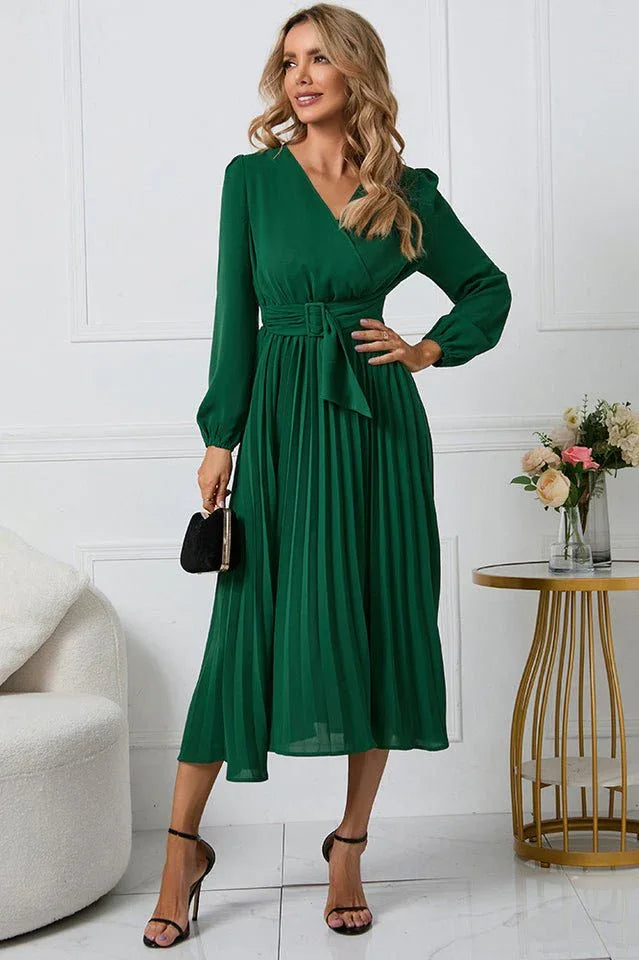 V-neck Pleated Midi Dress - View 8 | TEVQA