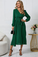 V-neck Pleated Midi Dress - View 8 | TEVQA