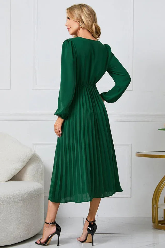 V-neck Pleated Midi Dress - View 9 | TEVQA