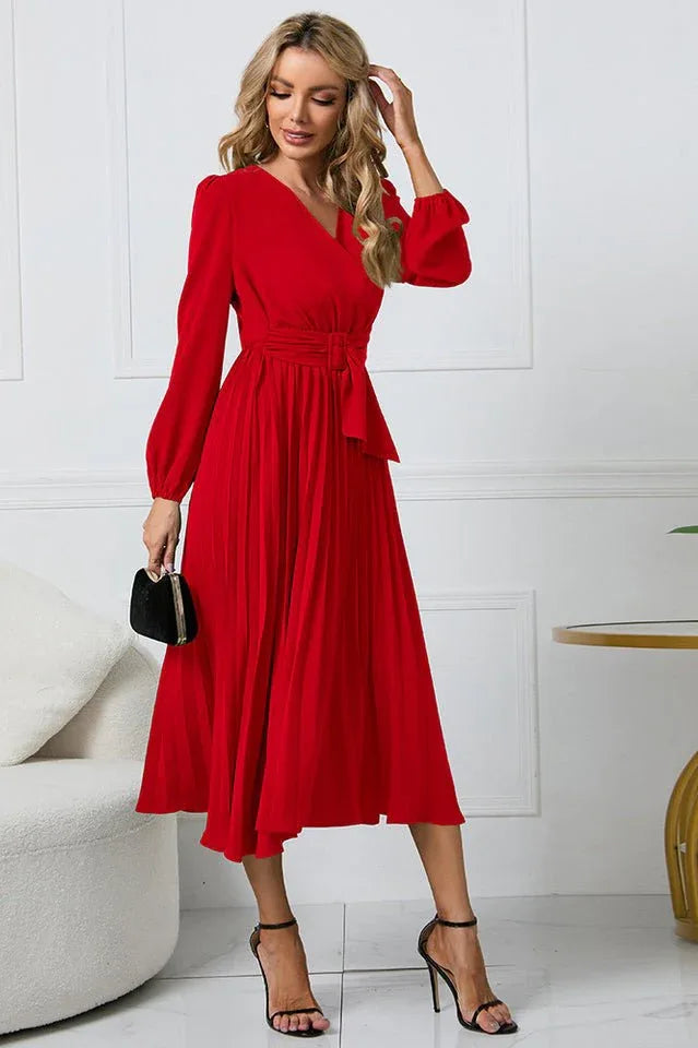 V-neck Pleated Midi Dress - View 25 | TEVQA
