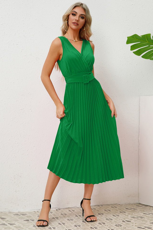 Pleated Sleeveless Dress with Belt - Tevqa
