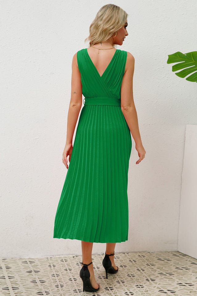 Pleated Sleeveless Dress with Belt - Tevqa