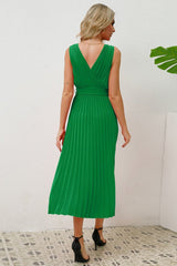 Pleated Sleeveless Dress with Belt - Tevqa