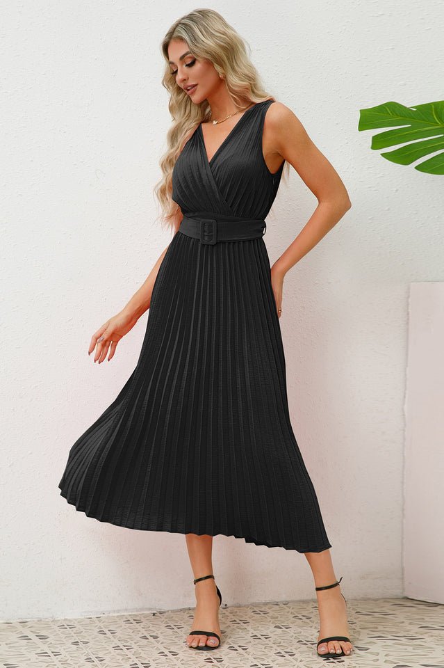 Pleated Sleeveless Dress with Belt - Tevqa