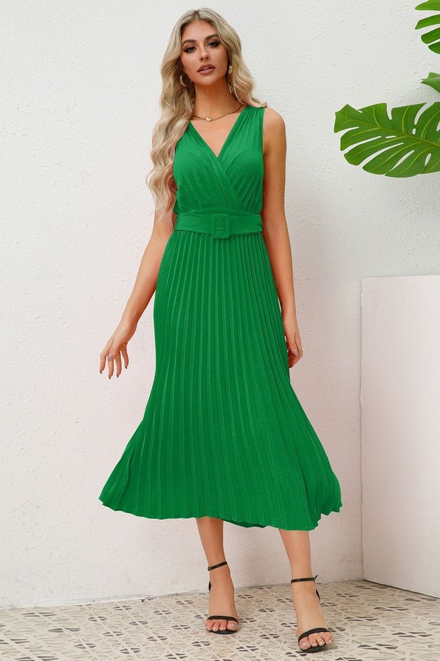Pleated Sleeveless Dress with Belt - Tevqa