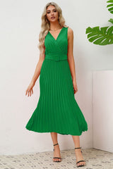 Pleated Sleeveless Dress with Belt - Tevqa