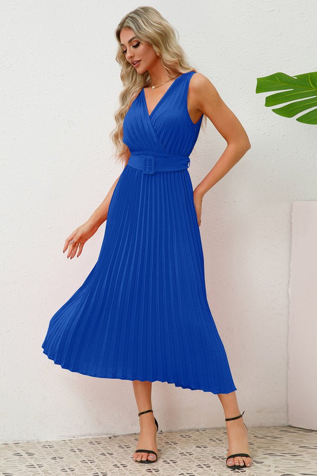 Pleated Sleeveless Dress with Belt - Tevqa