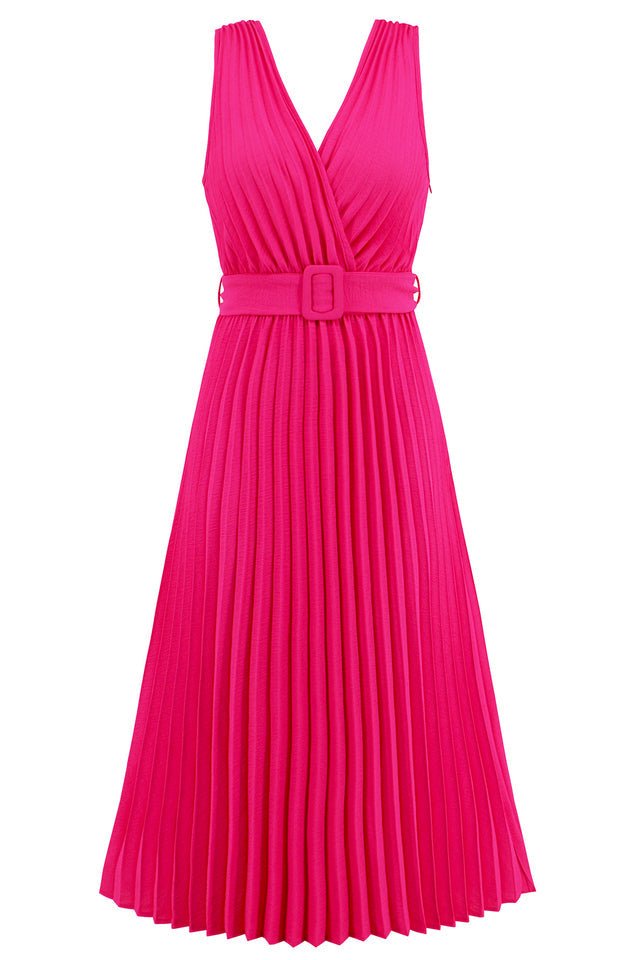Pleated Sleeveless Dress with Belt - Tevqa