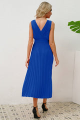 Pleated Sleeveless Dress with Belt - Tevqa