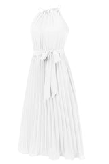 Pleated Spaghetti Strap Tie Waist Midi Dress - Tevqa