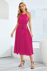 Pleated Spaghetti Strap Tie Waist Midi Dress - Tevqa