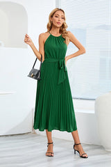 Pleated Spaghetti Strap Tie Waist Midi Dress - Tevqa