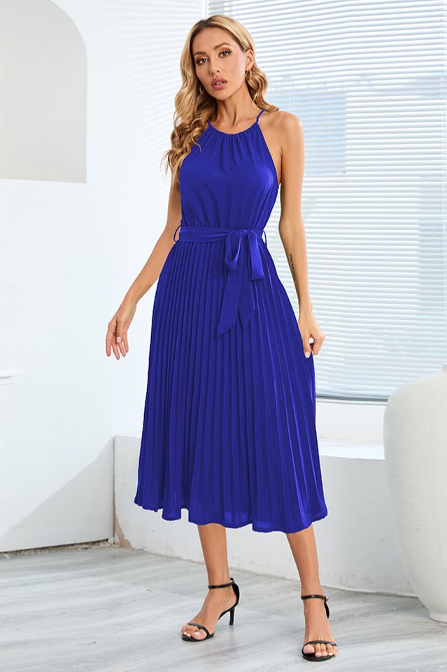 Pleated Spaghetti Strap Tie Waist Midi Dress - Tevqa