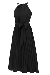 Pleated Spaghetti Strap Tie Waist Midi Dress - Tevqa