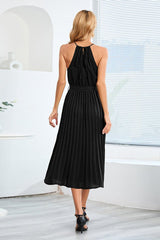 Pleated Spaghetti Strap Tie Waist Midi Dress - Tevqa
