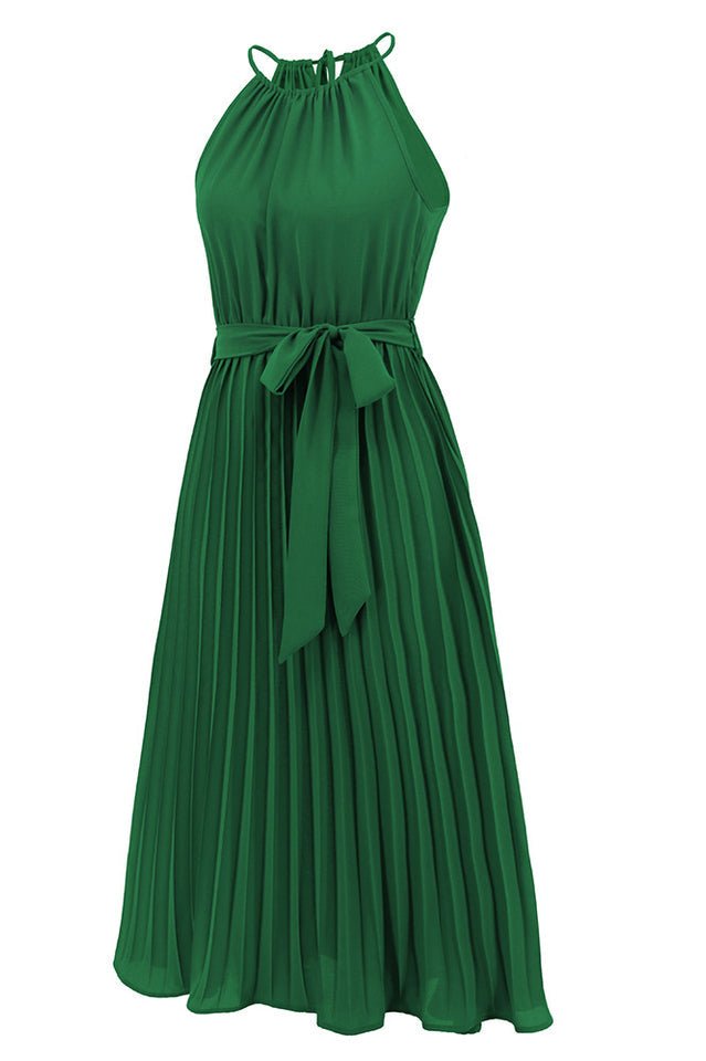 Pleated Spaghetti Strap Tie Waist Midi Dress - Tevqa