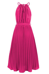 Pleated Spaghetti Strap Tie Waist Midi Dress - Tevqa