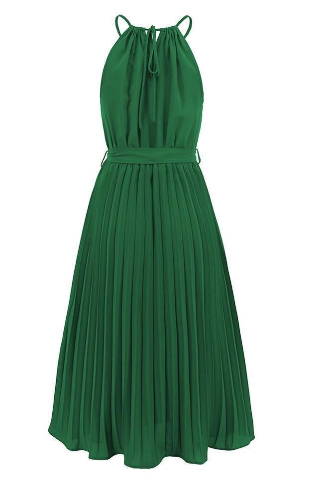 Pleated Spaghetti Strap Tie Waist Midi Dress - Tevqa