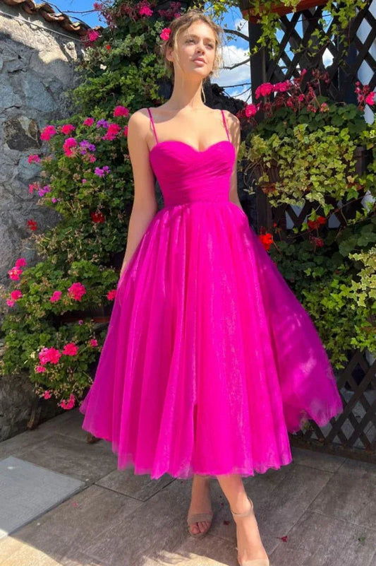 Pleats Spaghetti Straps Midi Dress - TEVQA