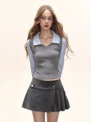 Preppy Fake Two - Piece Knit Contrast Striped Shirt - TEVQA