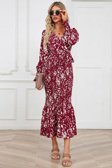 Printed V Neck Smocked Midi Dress - Tevqa