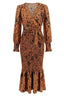 Product shot of a long-sleeved, brown and black animal print midi dress with a v-neck, tie waist, and ruffled hem.
