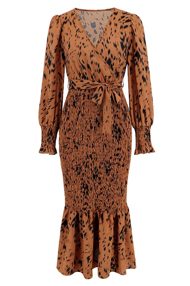 Printed V Neck Smocked Midi Dress - Tevqa