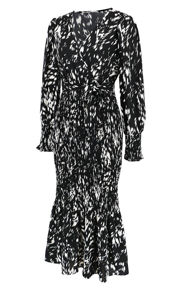 Printed V Neck Smocked Midi Dress - Tevqa