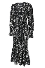 Printed V Neck Smocked Midi Dress - Tevqa